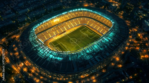 It is a 3D rendering of a vibrant cricket stadium lit by nocturnal fans, part of a contemporary sports complex.