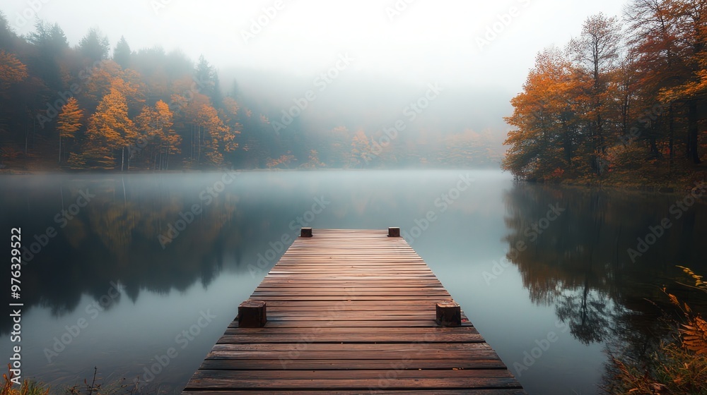 A wooden dock extends into a still, foggy lake with autumn trees reflected on the water. A wooden dock extends into a still, foggy lake with autumn trees reflected on the water.