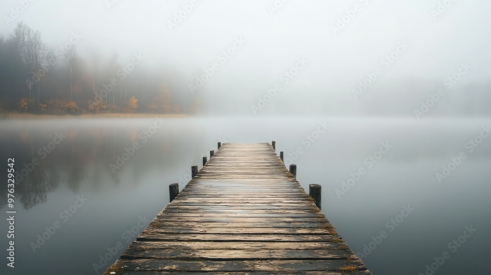 Naklejka premium A wooden dock leading out into a foggy lake, with trees in the background.
