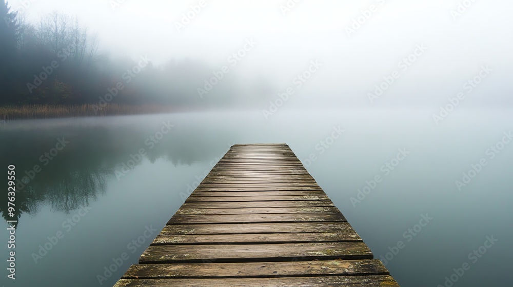 A wooden pier extends into a misty lake, with trees and fog in the background. A wooden pier extends into a misty lake, with trees and fog in the background.