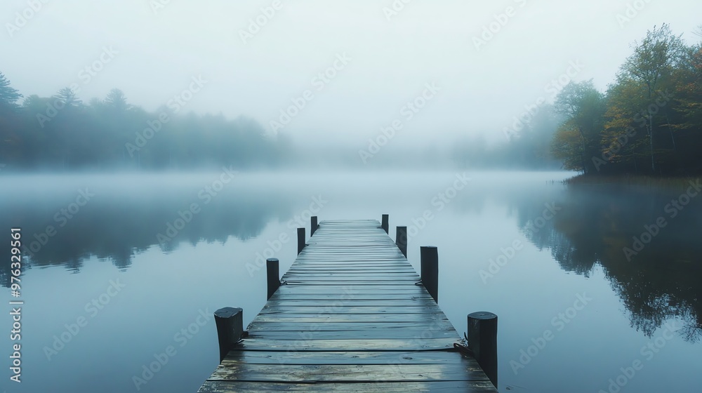A wooden dock extends out into a tranquil lake shrouded in a thick layer of fog. A wooden dock extends out into a tranquil lake shrouded in a thick layer of fog.