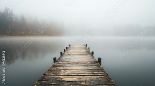 A wooden dock leading out into a foggy lake, with trees in the background.