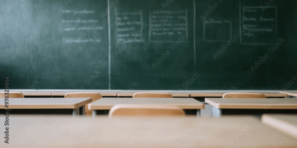 An empty classroom featuring neatly arranged desks and a large chalkboard, ready to welcome students for learning sessions in an academic environment. An empty classroom featuring neatly arranged desks and a large chalkboard, ready to welcome students for learning sessions in an academic environment.