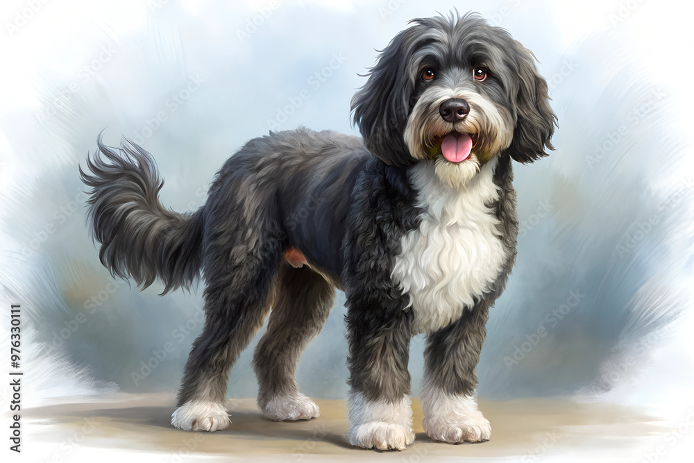 Illustration of Digital Painting of Portuguese Water Dog standing, with smile, full body Illustration of Digital Painting of Portuguese Water Dog standing, with smile, full body