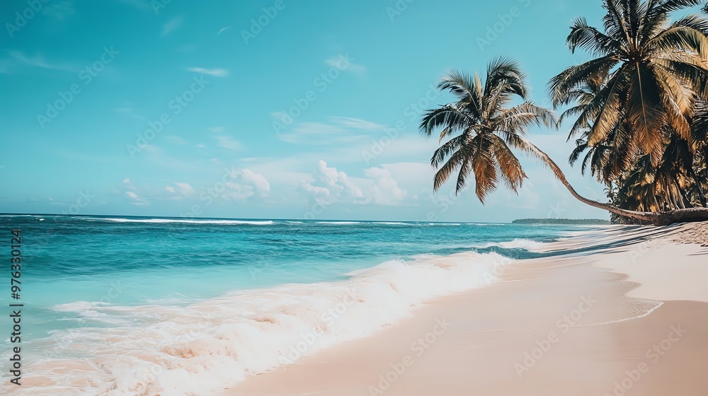 Tropical beach with palm trees and blue water. Tropical beach with palm trees and blue water.