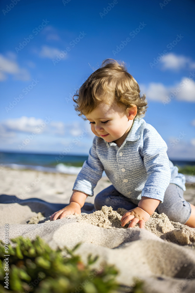 Capture a candid moment of a child playing in the sand at the beach, with the sand and ocean providing context Capture a candid moment of a child playing in the sand at the beach, with the sand and ocean providing context