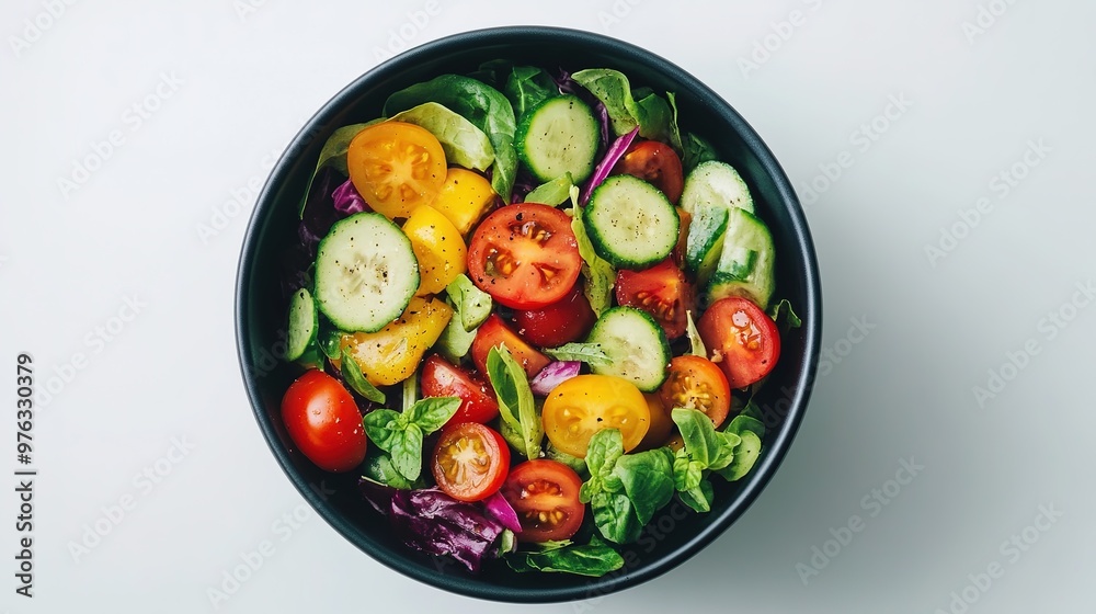 A vibrant salad bowl captured from above, set against a white surface A vibrant salad bowl captured from above, set against a white surface