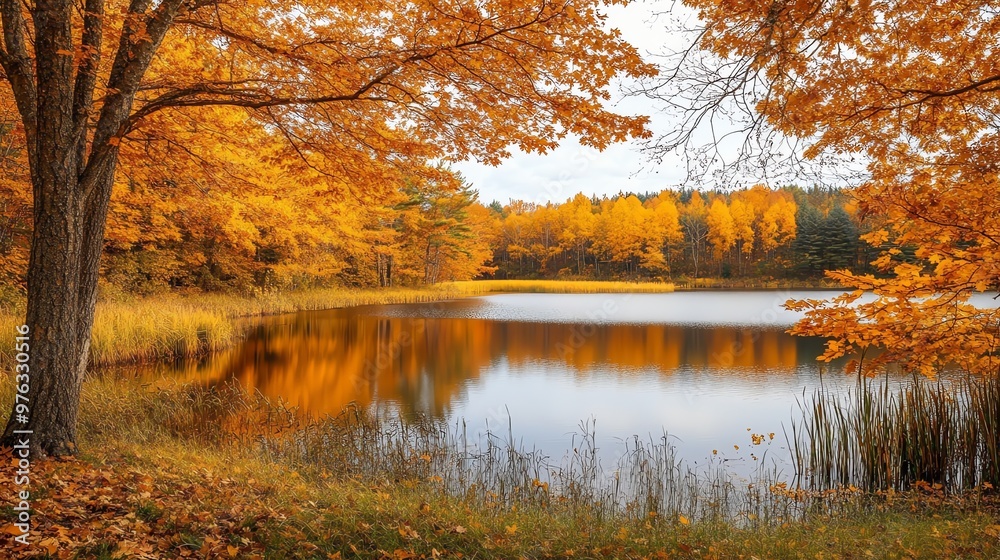 Naklejka premium A tranquil scene of a still lake surrounded by vibrant fall foliage.