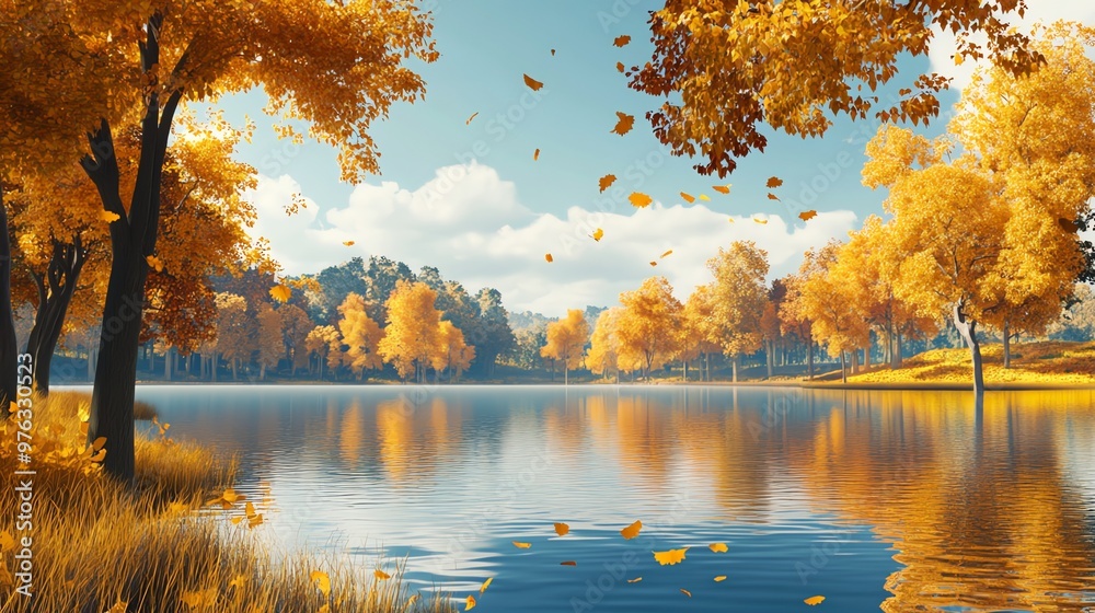 Obraz premium Serene autumn landscape with a tranquil lake surrounded by golden trees, leaves falling gently onto the water.
