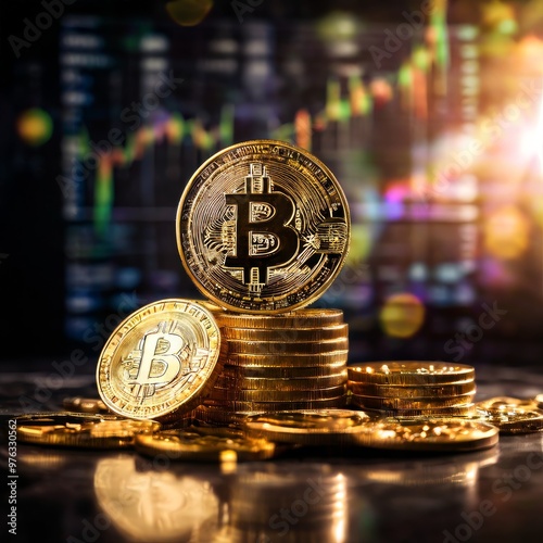 A stack of golden bitcoins sits in focus, while blurred financial charts appear in the background. This image conveys the growing relationship between cryptocurrency and the financial market.