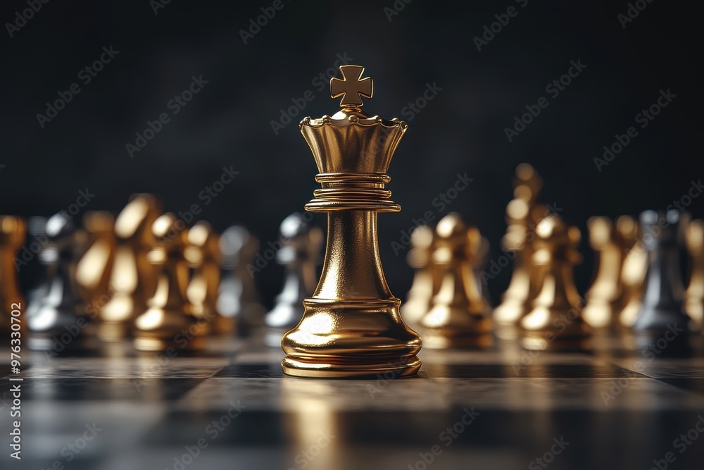 Golden king chess piece standing prominent among blurred pieces on a board, symbolizing leadership and strategy in a competitive game environment Golden king chess piece standing prominent among blurred pieces on a board, symbolizing leadership and strategy in a competitive game environment