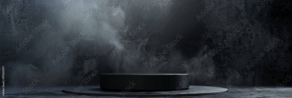 photo of a black podium set against a dark, smoky background with abstract textures a spotlight photo of a black podium set against a dark, smoky background with abstract textures a spotlight