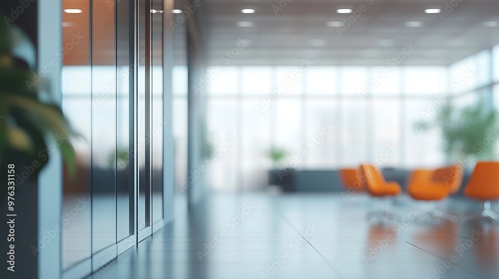 Blurred background of a modern office interior in gray tones featuring panoramic windows glass partitions and orange accents Blurred background of a modern office interior in gray tones featuring panoramic windows glass partitions and orange accents
