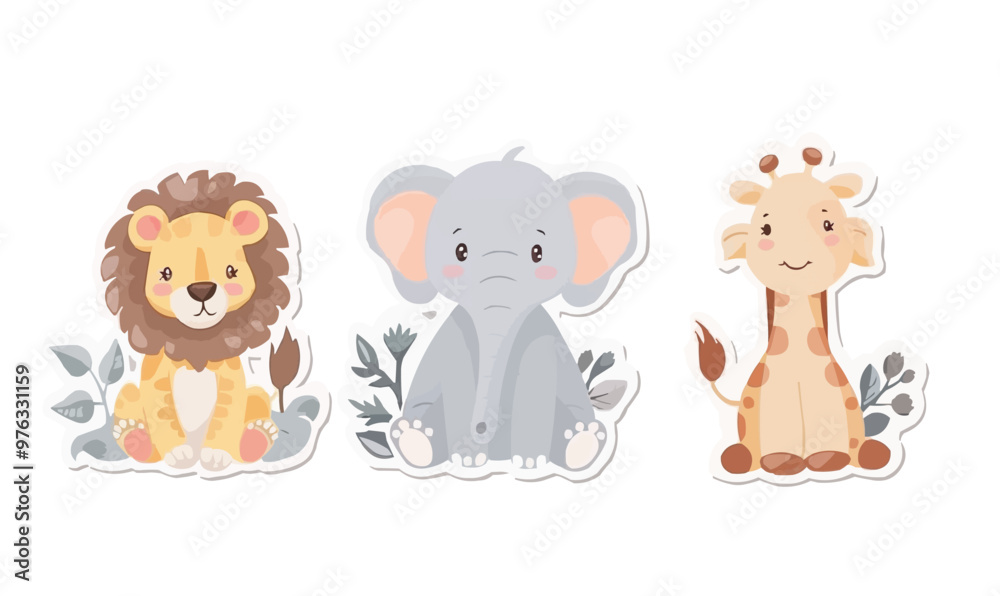 Adorable baby animal stickers set with tiny elephants, lions, and giraffes, perfect for nursery decorations and baby albums, flat stickers set, vector illustration Adorable baby animal stickers set with tiny elephants, lions, and giraffes, perfect for nursery decorations and baby albums, flat stickers set, vector illustration