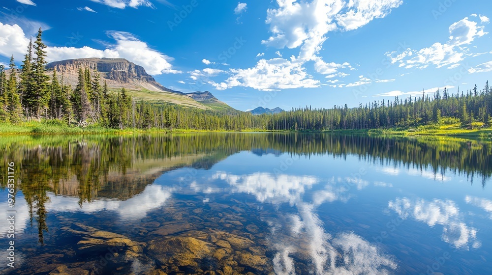 Tranquil mountain lake reflecting blue sky and puffy clouds. Tranquil mountain lake reflecting blue sky and puffy clouds.