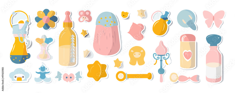 Adorable baby stickers set with bottles, pacifiers, and rattles, ideal for baby showers and newborn albums, flat stickers set, vector illustration. Adorable baby stickers set with bottles, pacifiers, and rattles, ideal for baby showers and newborn albums, flat stickers set, vector illustration.