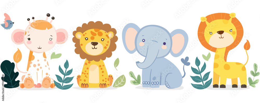 Adorable baby animal stickers set with tiny elephants, lions, and giraffes, perfect for nursery decorations and baby albums, flat stickers set, vector illustration. Adorable baby animal stickers set with tiny elephants, lions, and giraffes, perfect for nursery decorations and baby albums, flat stickers set, vector illustration.