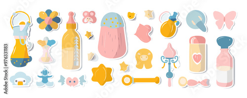 Adorable baby stickers set with bottles, pacifiers, and rattles, ideal for baby showers and newborn albums, flat stickers set, vector illustration.
