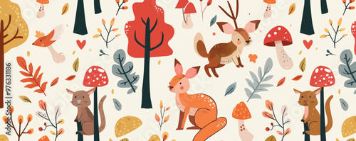 Adorable forest creatures like squirrels, rabbits, and deer with trees and mushrooms, flat, vector illustration, seamless pattern background design.
