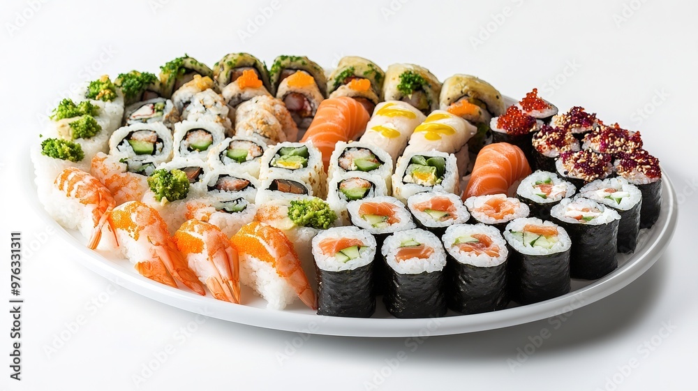 A variety of sushi rolls arranged on a white platter, set on a white background A variety of sushi rolls arranged on a white platter, set on a white background