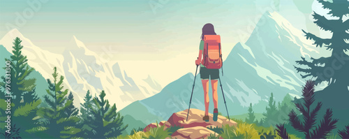Adventurous pin-up hiker with a backpack, standing on a scenic mountain trail, flat, vector illustration, pin-up style.