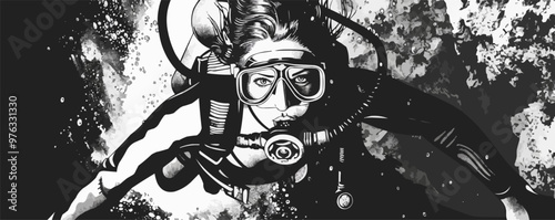 Adventurous pin-up scuba diver in retro gear, exploring underwater, vector illustration, pin-up style, scratch board imitation, black and white image.