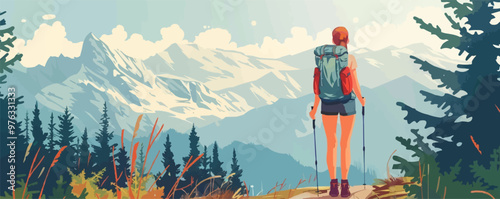 Adventurous pin-up hiker with a backpack, standing on a scenic mountain trail, flat, vector illustration, pin-up style.