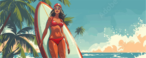 Adventurous pin-up surfer girl in a retro bikini, holding a surfboard, flat, vector illustration, pin-up style.