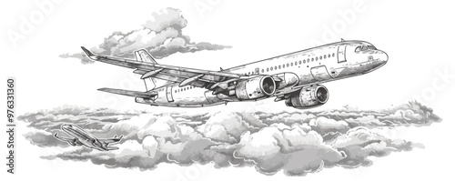 Airplane flying above the clouds sketch engraving vector illustration. Scratch board imitation. Black and white image. Vector