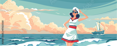 Adventurous pin-up sailor girl in a nautical outfit, standing by the sea, flat, vector illustration, pin-up style.