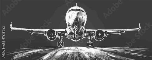 Airplane taking off sketch engraving vector illustration. Scratch board imitation. Black and white image. Vector