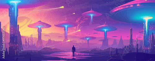 Alien invasion, UFOs and extraterrestrial beings, sci-fi scene, neon style, vector illustration, flat style.
