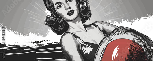 Alluring pin-up lifeguard in a swimsuit, holding a rescue buoy, vector illustration, pin-up style, scratch board imitation, black and white image.