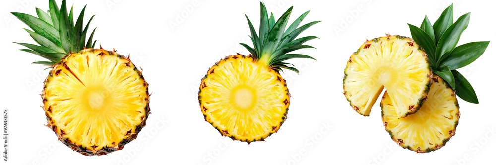 set of A Isolated cut pineapple with leaves on a transparent background set of A Isolated cut pineapple with leaves on a transparent background