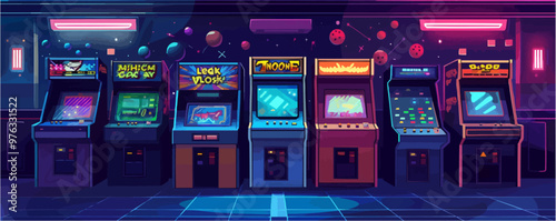 Arcade game nostalgia. Classic arcade machine elements with pixel art, neon highlights, and nostalgic game icons cover 80s 60s 90s