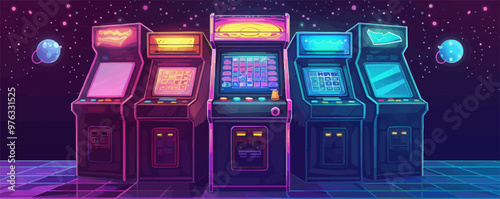 Arcade game nostalgia. Classic arcade machine elements with pixel art, neon highlights, and nostalgic game icons cover 80s 60s 90s