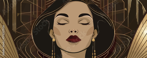 Art Deco portrait with elegant lines and metallic accents, flat portrait, vector illustration.