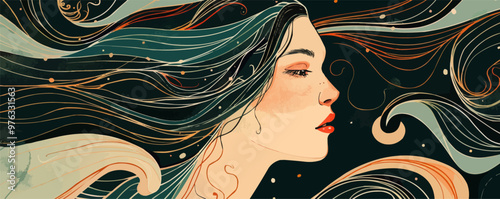 Art Nouveau portrait with flowing lines and organic shapes, flat portrait, vector illustration.