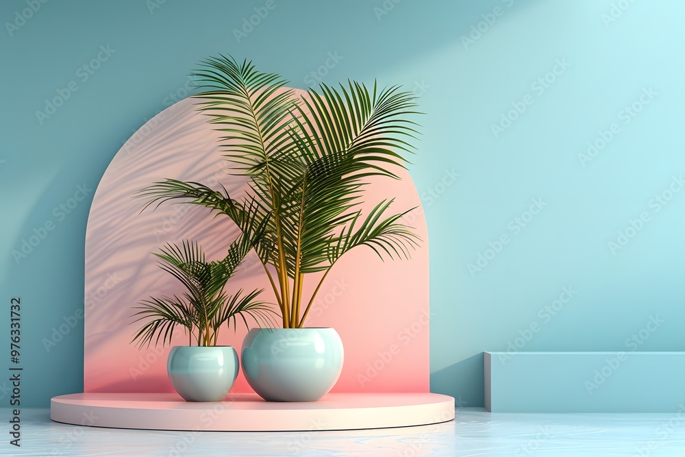 Modern Indoor Plant Display with Stylish Pots and Colorful Background Modern Indoor Plant Display with Stylish Pots and Colorful Background