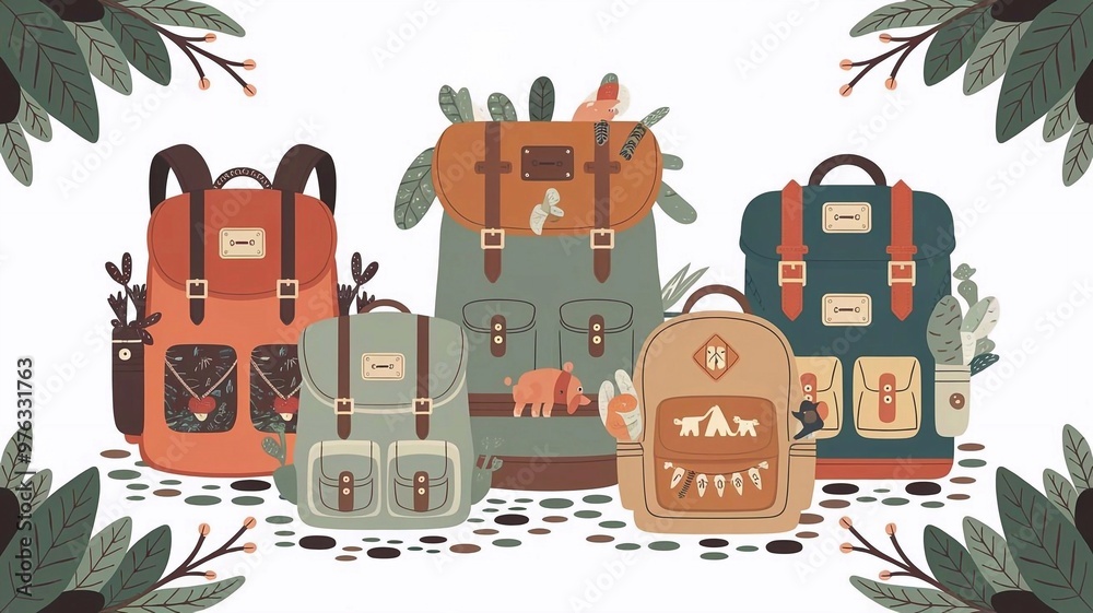 Naklejka premium Cute backpacks for camping and forest illustration isolated illustration on white background.