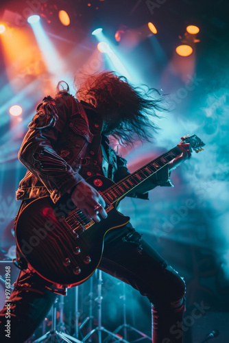 Vintage rock guitarist with long hair, leather, and stage lights playing a solo– retro 80's 90's band style