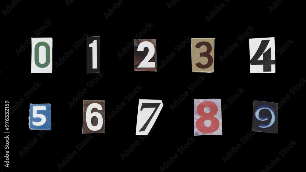 Set of cut-out ransom number from magazines on a black background, retro y2k style Set of cut-out ransom number from magazines on a black background, retro y2k style