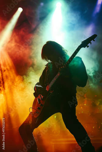 Vintage rock guitarist with long hair, leather, and stage lights playing a solo– retro 80's 90's band style