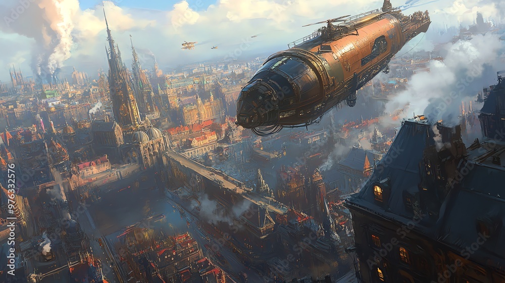 Obraz premium A steampunk airship flies over a bustling city with tall, intricate buildings.