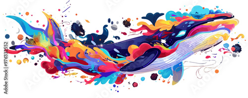 Artistic whale with ocean waves and marine life, majestic sea creature, vector illustration for t-shirt, flat style.