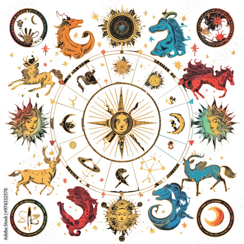 Artistic zodiac signs with celestial elements and star constellations, astrology themed, vector illustration for t-shirt, flat style.