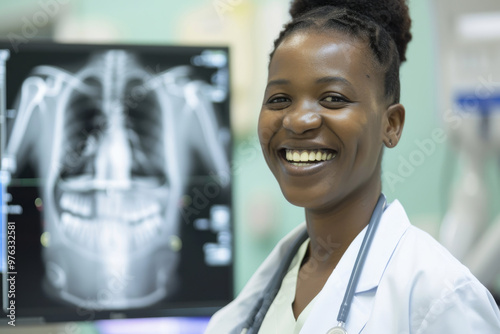 Smiling Black female radiologist in high-tech setting, X-ray image blurred, showcasing diversity and advanced healthcare