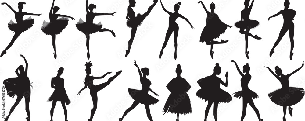 Ballet performance, tutus, pointe shoes, and elegant movements, dance silhouettes, black silhouette, vector illustration, flat style. Ballet performance, tutus, pointe shoes, and elegant movements, dance silhouettes, black silhouette, vector illustration, flat style.
