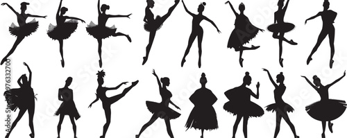 Ballet performance, tutus, pointe shoes, and elegant movements, dance silhouettes, black silhouette, vector illustration, flat style.