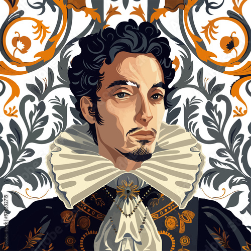 Baroque portrait with opulent details and dramatic lighting, flat portrait, vector illustration.